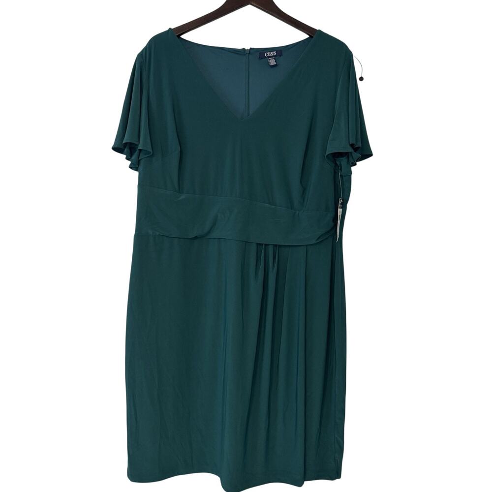 Chaps Faux Wrap Green Dress Women's Size 20W Flutter Sleeve Soft V Neck Stretch